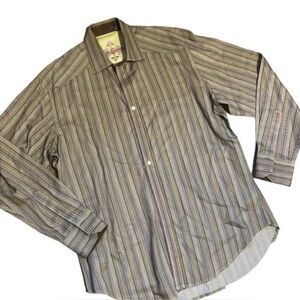 Robert Graham Windsor Men's Striped Shirt - Brown and Olive Large